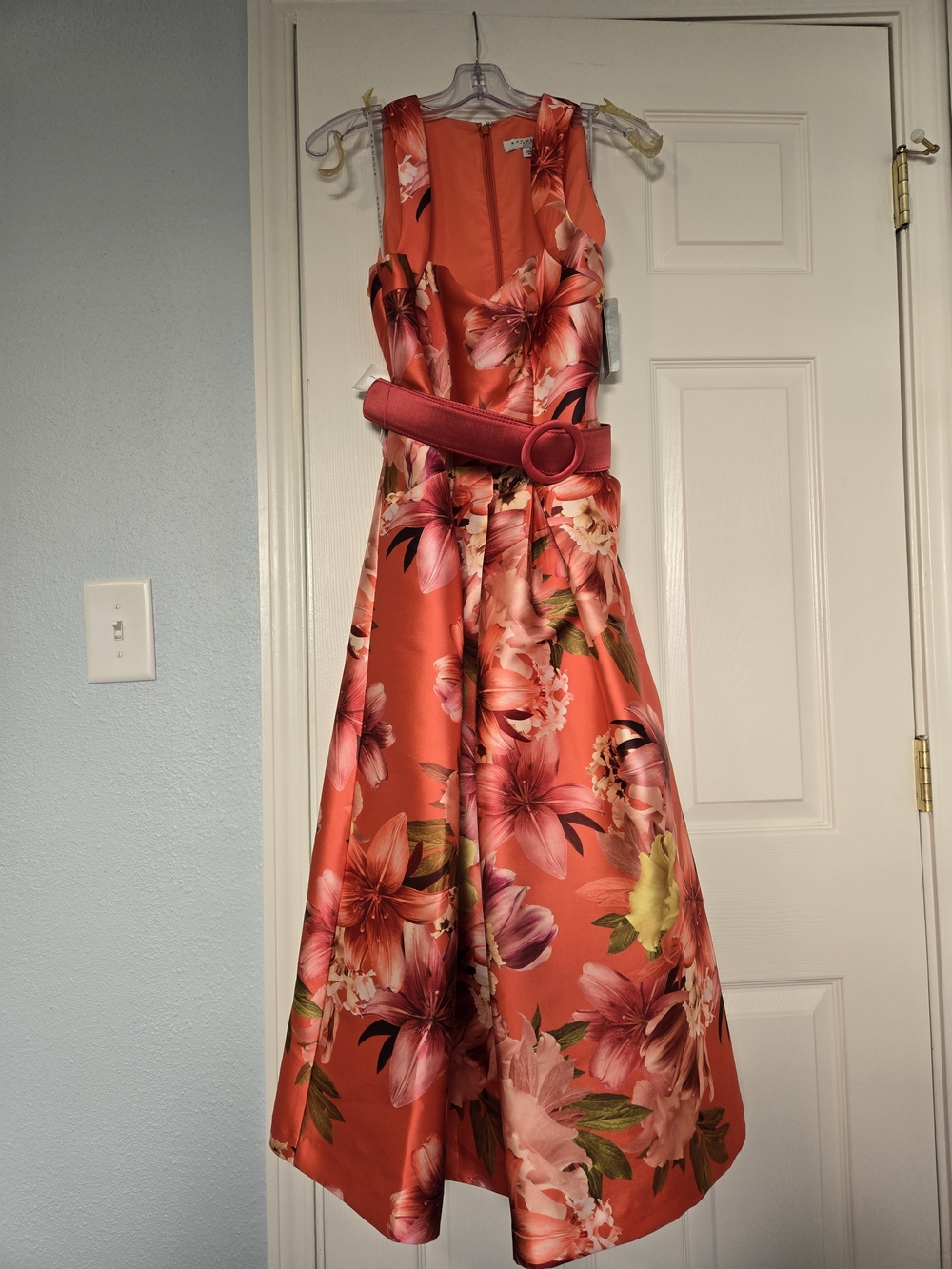 NWT Kay Unger sz 8 Coral Fit-and-Flare Midi Dress Pockets Belt